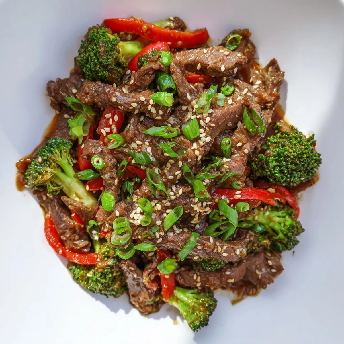 Close-up of Spicy Beef and Broccoli Stir Fry revealing juicy beef strips and vibrant vegetables coated in a bold, spicy sauce.
