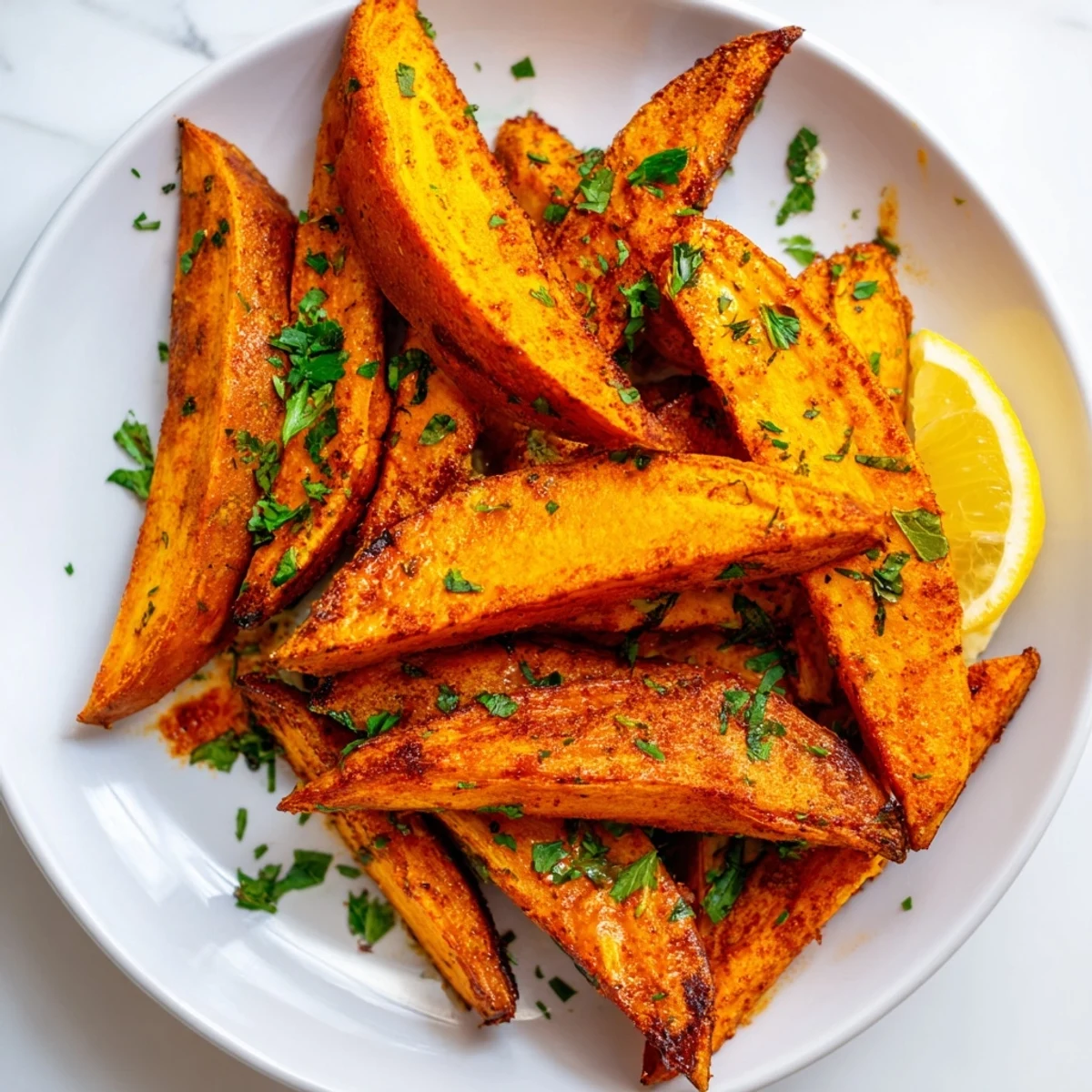 Golden roasted sweet potato wedges with smoky paprika, arranged on a platter for a healthy snack or side dish.