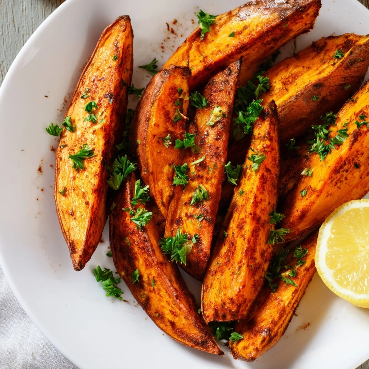Freshly baked roasted sweet potato wedges seasoned with paprika, served warm with lemon wedges and parsley garnish.