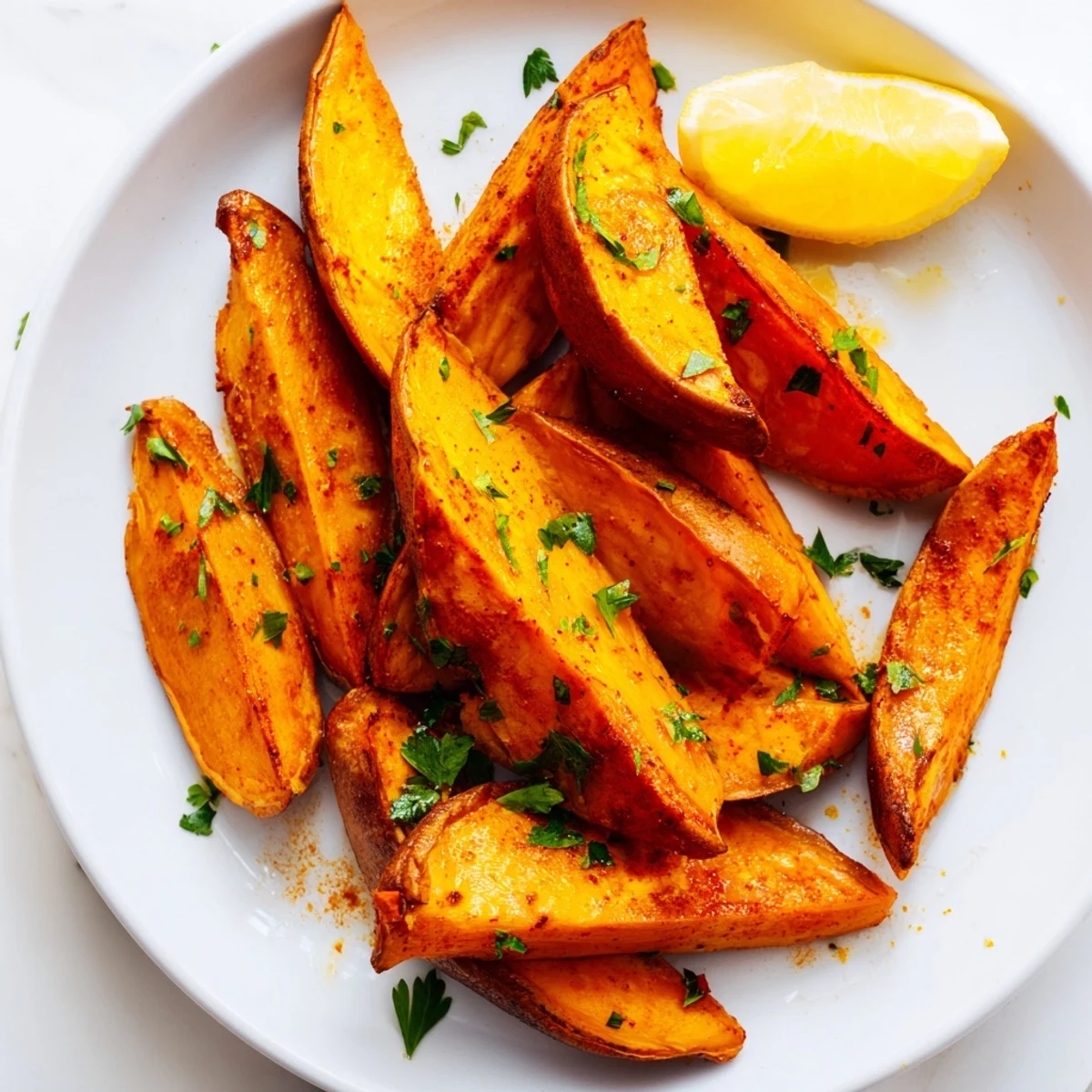 Crispy roasted sweet potato wedges with paprika on a baking sheet, ready to enjoy as a vegetarian snack.