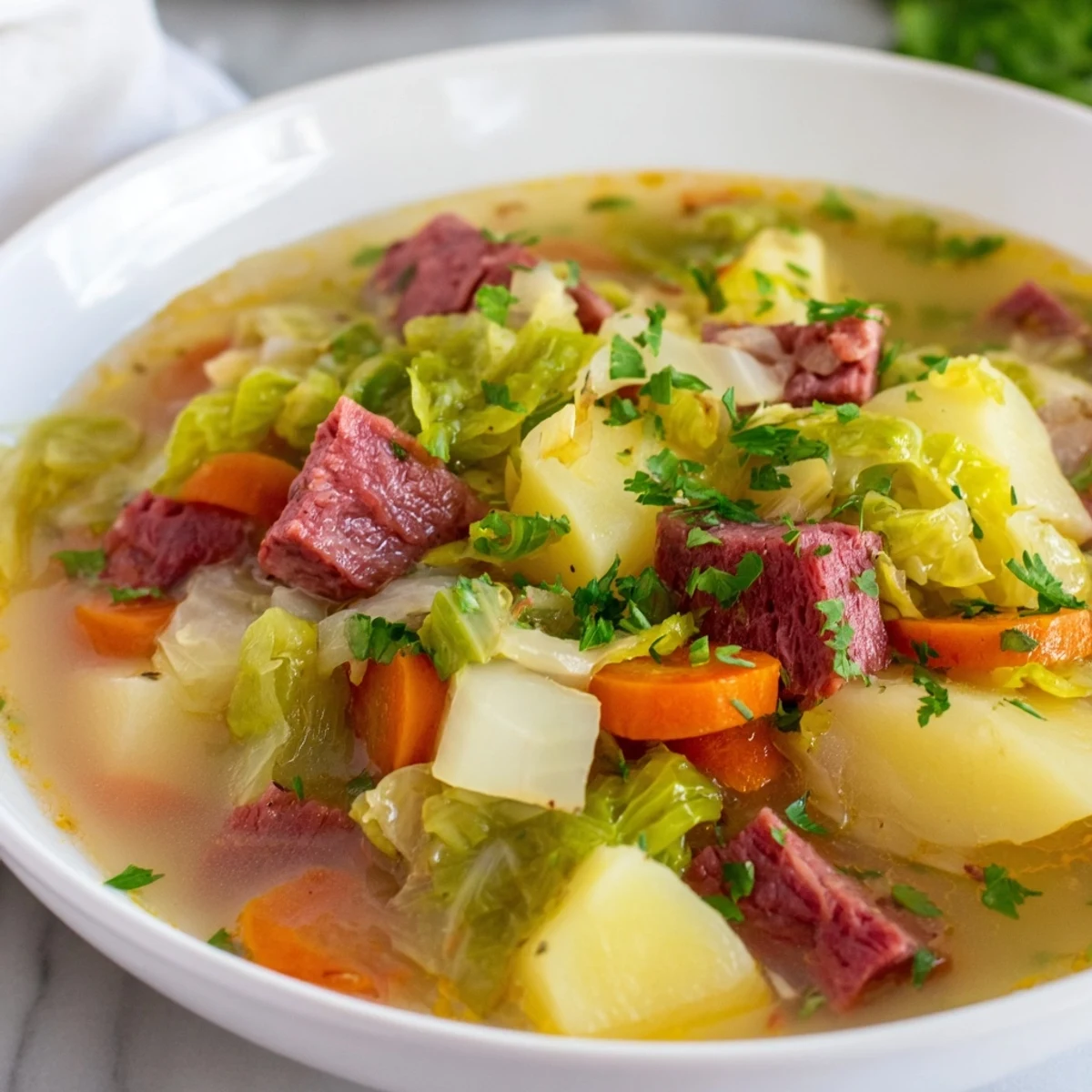 A steaming bowl of Corned Beef and Cabbage Soup with Potatoes garnished with fresh parsley.