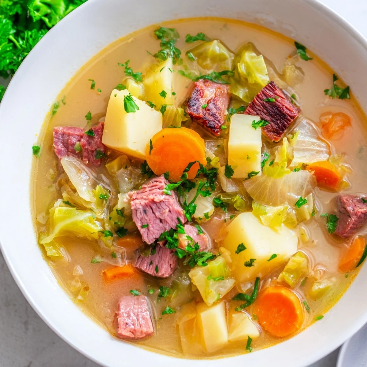 Tender corned beef and diced potatoes swimming in a rich broth with sweet cabbage for a hearty meal.