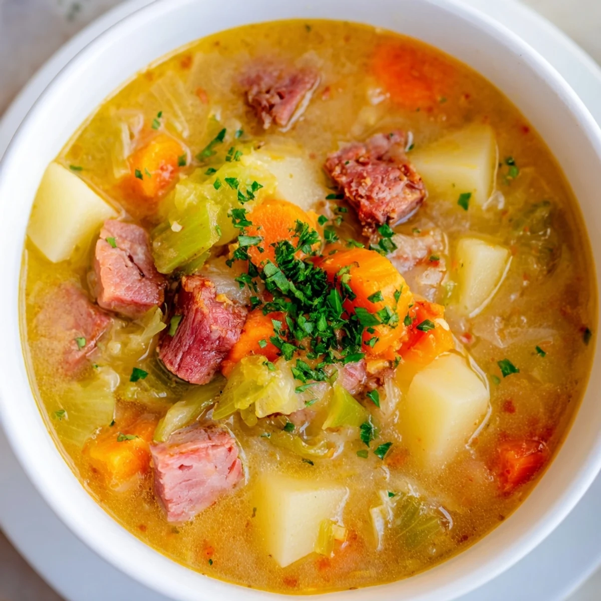 Vibrant carrots and celery adding color to the Corned Beef and Cabbage Soup with Potatoes in a rustic bowl.