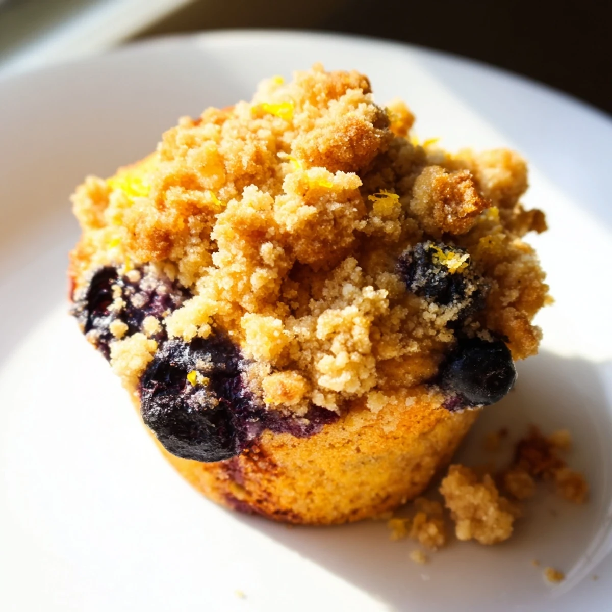 Freshly baked Lemon Blueberry Muffins with Streusel Topping are displayed on a wire cooling rack, with lemon zest and blueberries nearby.