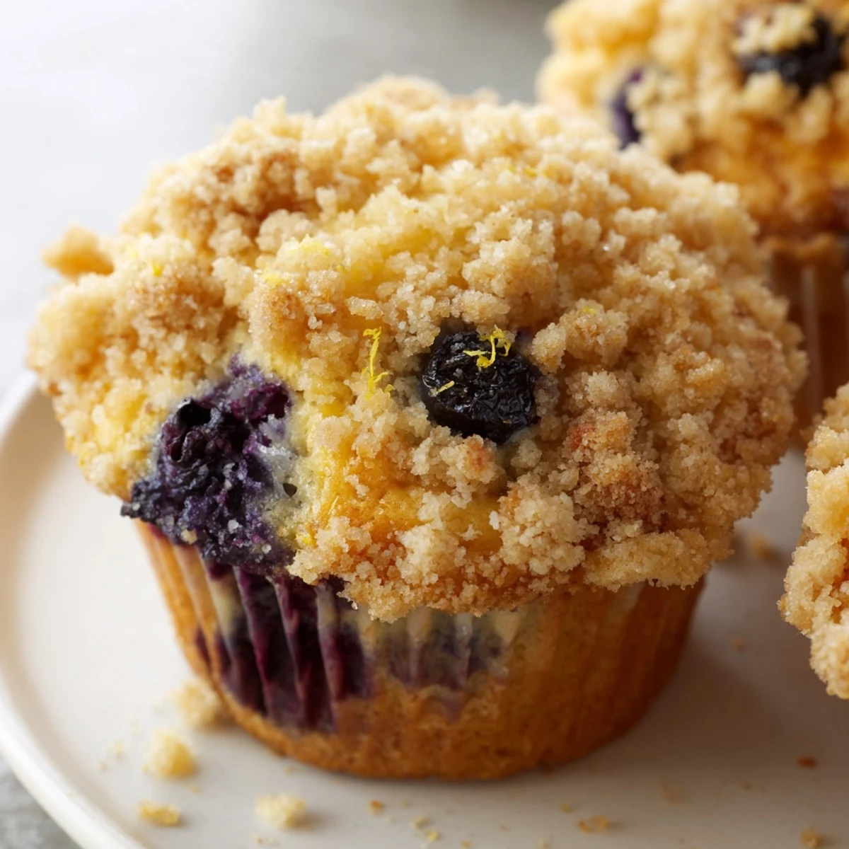 Warm Lemon Blueberry Muffins with Streusel Topping are arranged on a rustic wooden board, showing fluffy interiors studded with berries and golden crumbs.
