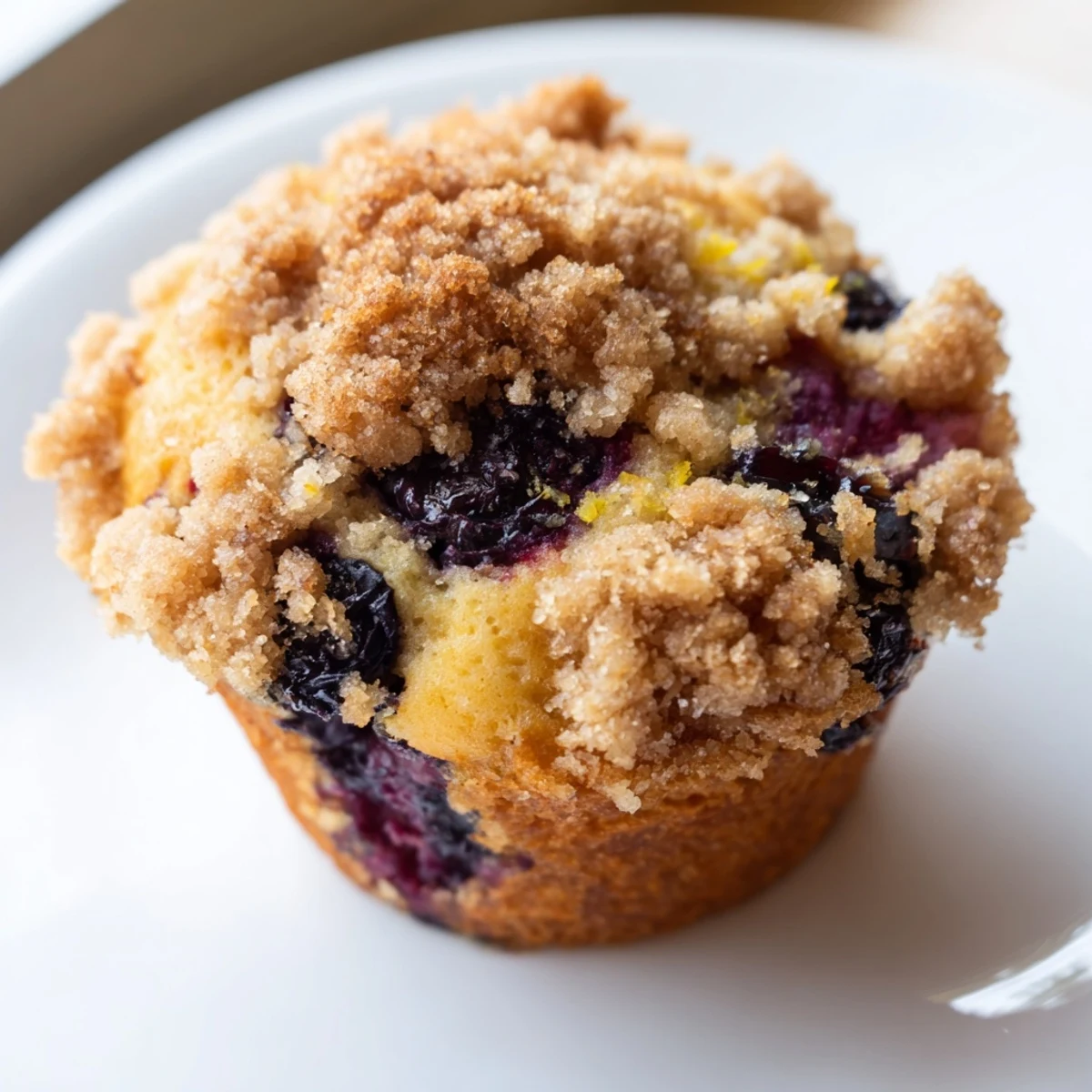 A close-up of Lemon Blueberry Muffins with Streusel Topping reveals moist crumbs, juicy berries, and a crunchy, buttery streusel topping.