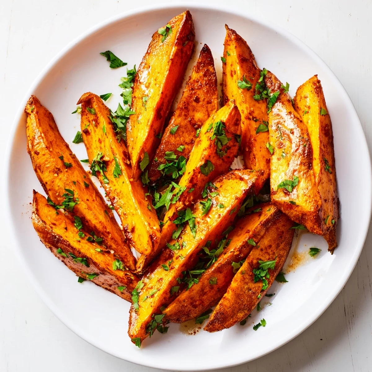 Crispy Roasted Sweet Potato Wedges with Smoked Paprika arranged on a rustic plate, perfect for an easy dinner.