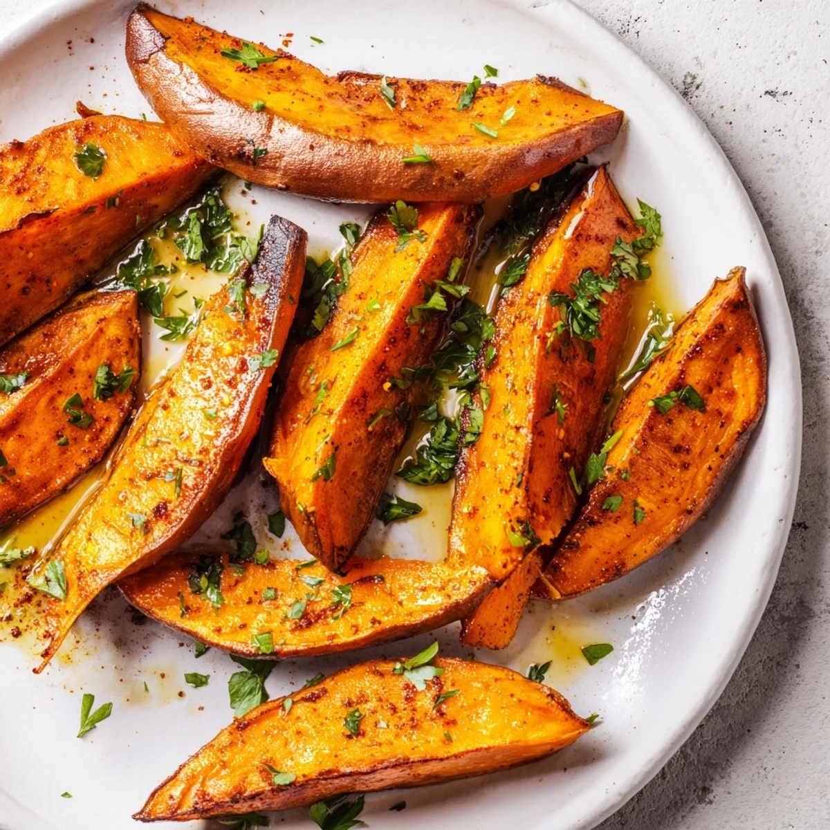 Golden Roasted Sweet Potato Wedges with Smoked Paprika served hot with a tangy aioli dipping sauce.