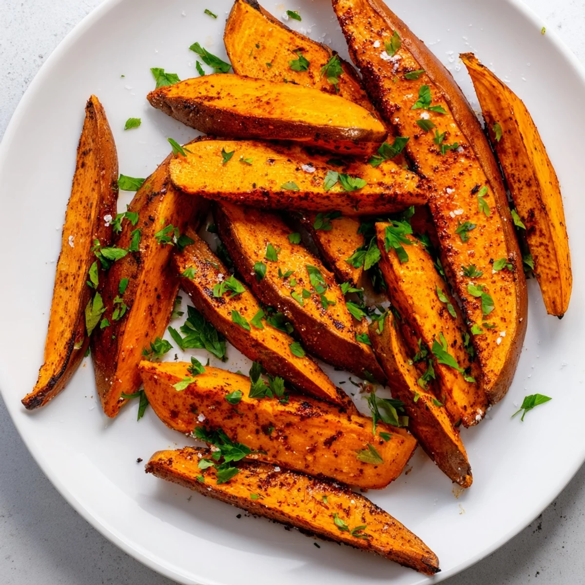 Golden roasted sweet potato wedges with smoked paprika garnished with fresh parsley on a rustic wooden table.