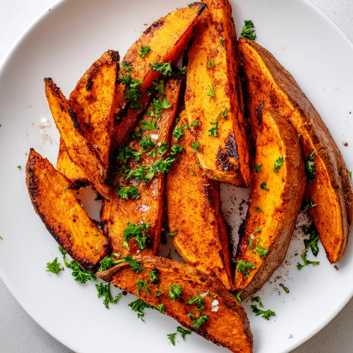Roasted sweet potato wedges with smoked paprika served warm beside a creamy yogurt dip for dipping.