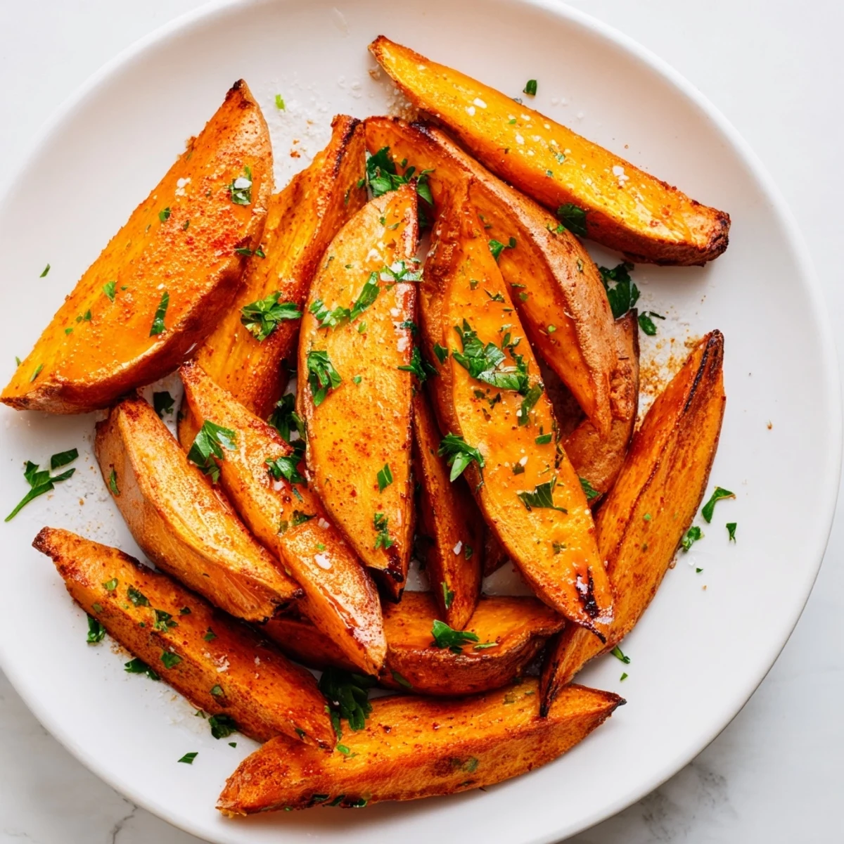 Crispy roasted sweet potato wedges with smoked paprika on a baking sheet for an easy American side dish.