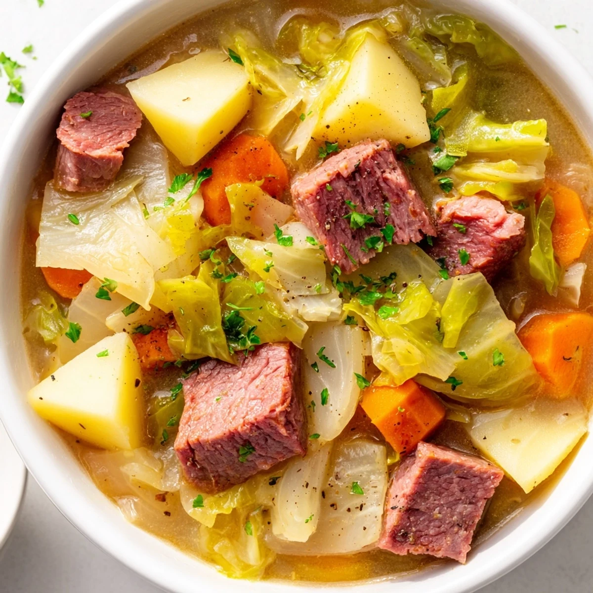 A steaming bowl of Corned Beef and Cabbage Soup with Potatoes garnished with fresh parsley.