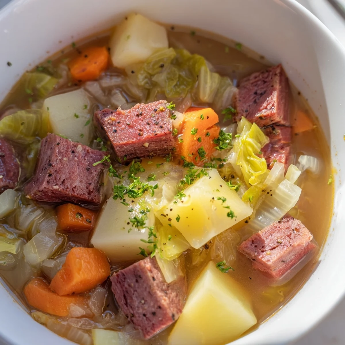 Hearty Corned Beef and Cabbage Soup with Potatoes in a rustic bowl near crusty bread.