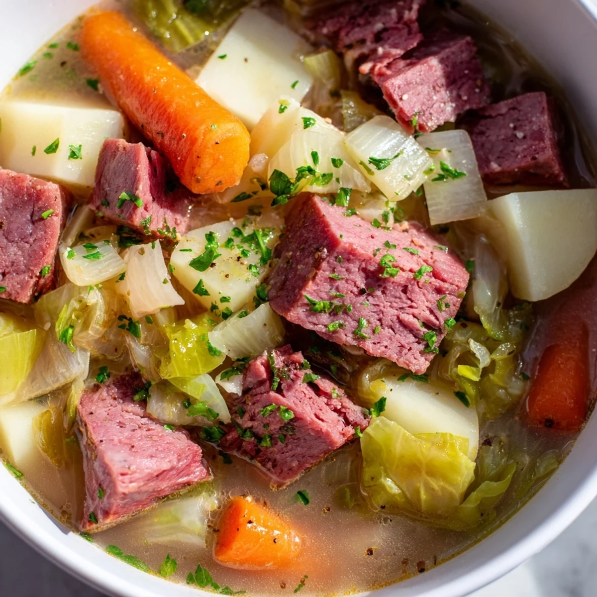 A ladle serving Corned Beef and Cabbage Soup with Potatoes, showcasing tender beef and carrots.