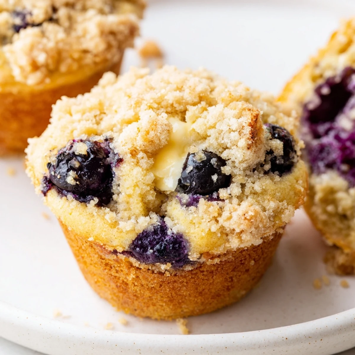 Freshly baked Lemon Blueberry Muffins with Streusel Topping are paired with a steaming mug of Earl Grey tea.