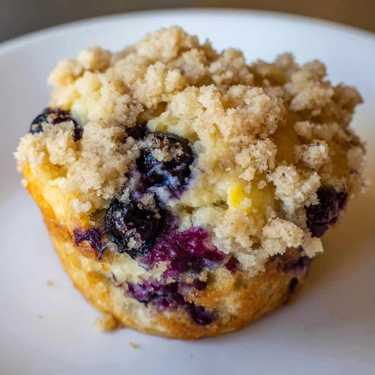 A close-up view reveals moist crumb and juicy berries inside these Lemon Blueberry Muffins with Streusel Topping.
