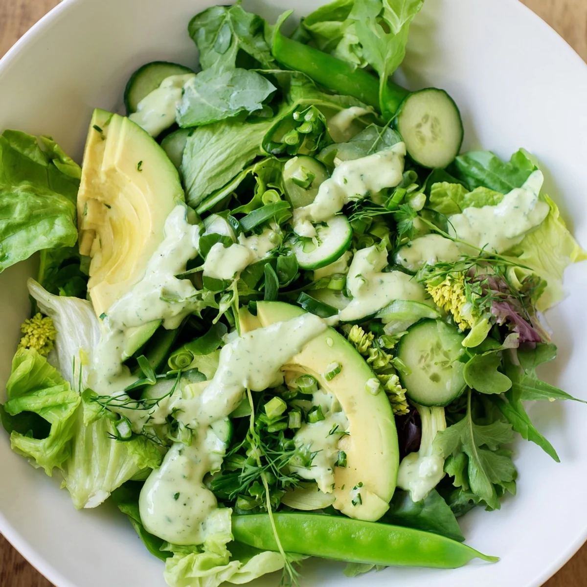 Freshly prepared Green Salad with Green Goddess Dressing topped with creamy avocado slices and crisp cucumber.