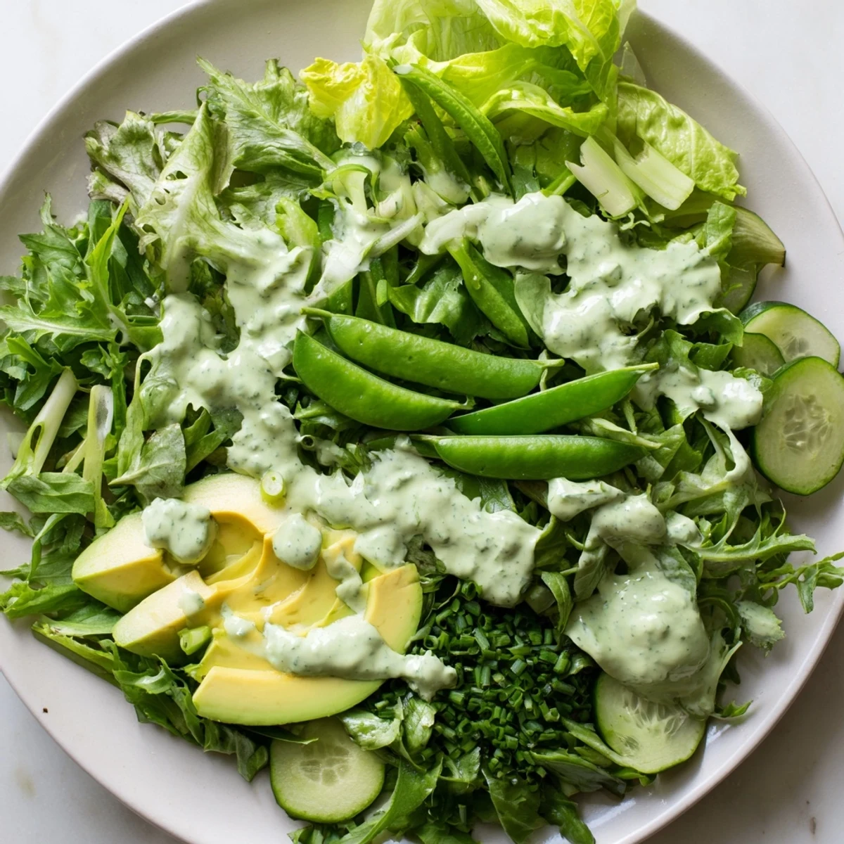 A chilled bowl of Green Salad with Green Goddess Dressing served with extra dressing on the side.