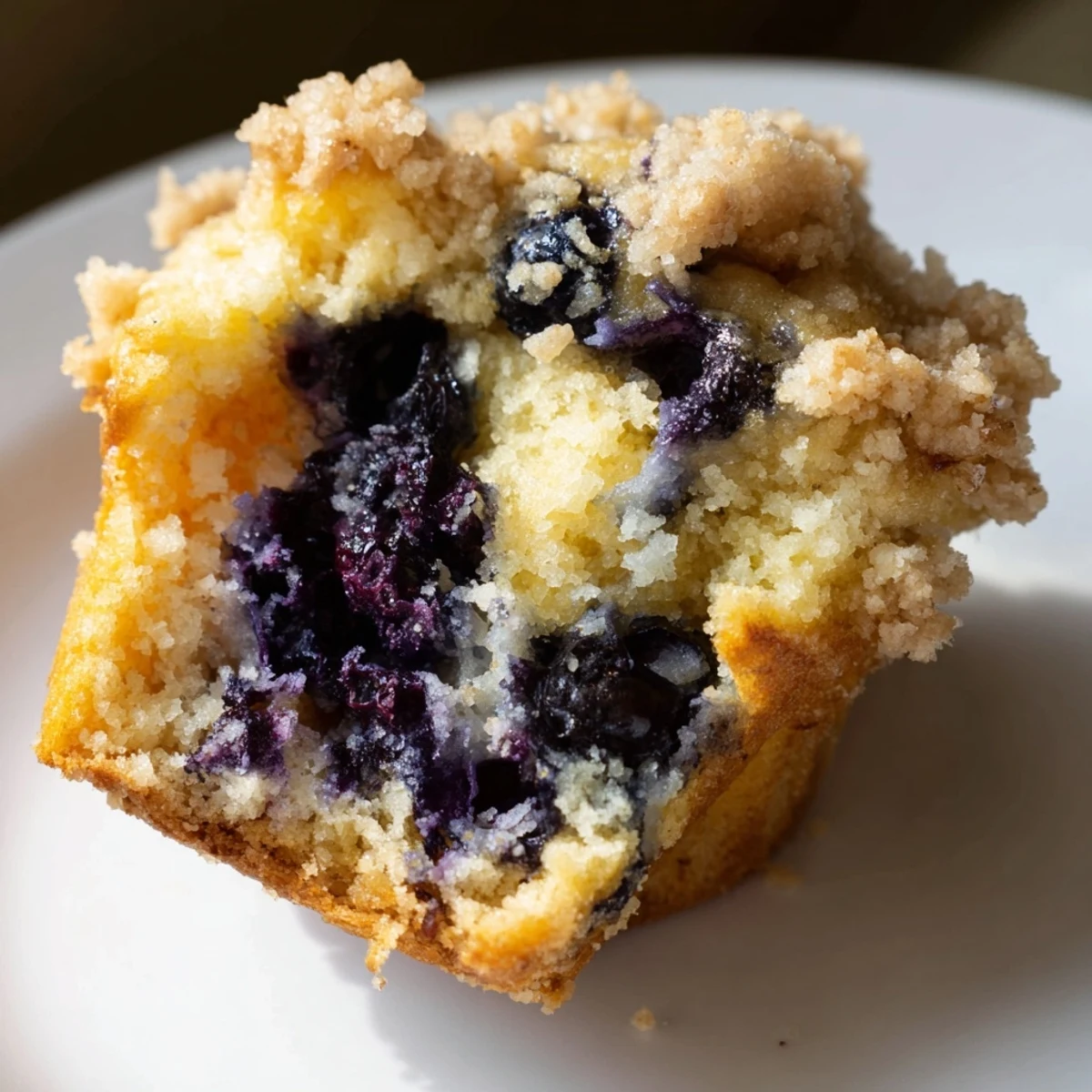 Freshly baked Lemon Blueberry Muffins with Streusel sit on a cooling rack, their golden-brown tops crumbly and inviting for breakfast.