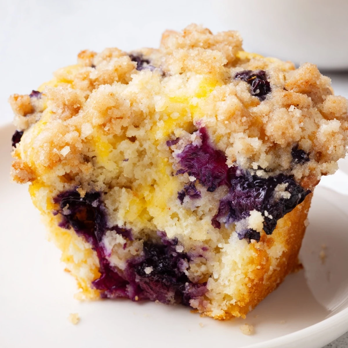 A close-up view of Lemon Blueberry Muffins with Streusel reveals juicy blueberries and a sweet, buttery topping, perfect for snacking.