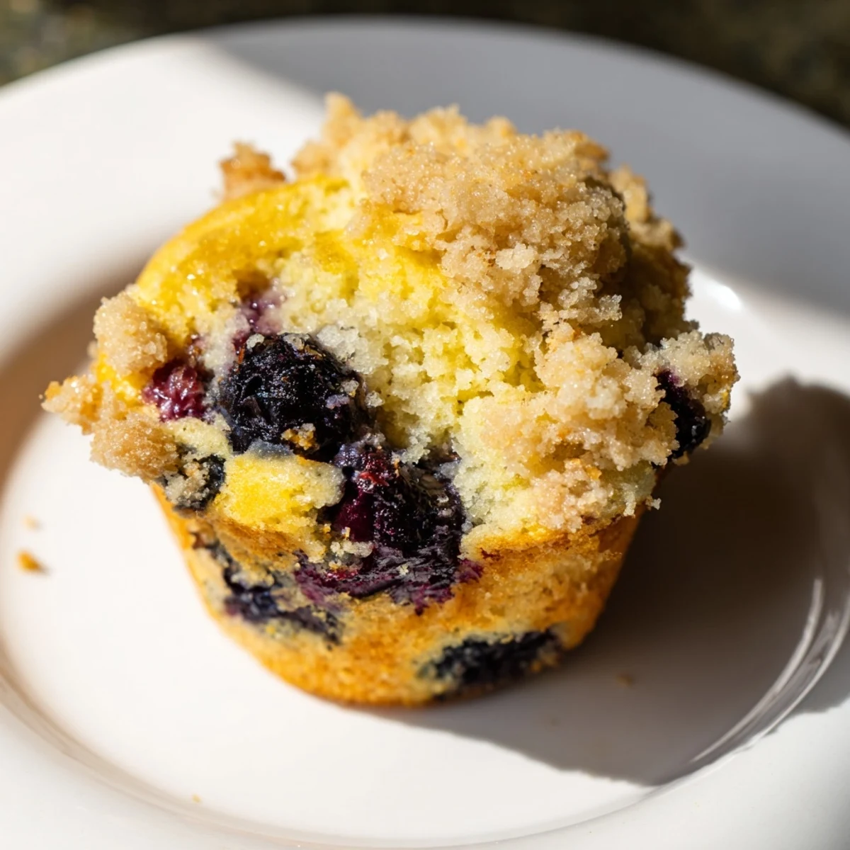 Golden Lemon Blueberry Muffins with Streusel are arranged on a white plate, ready to be enjoyed as a zesty American breakfast treat.