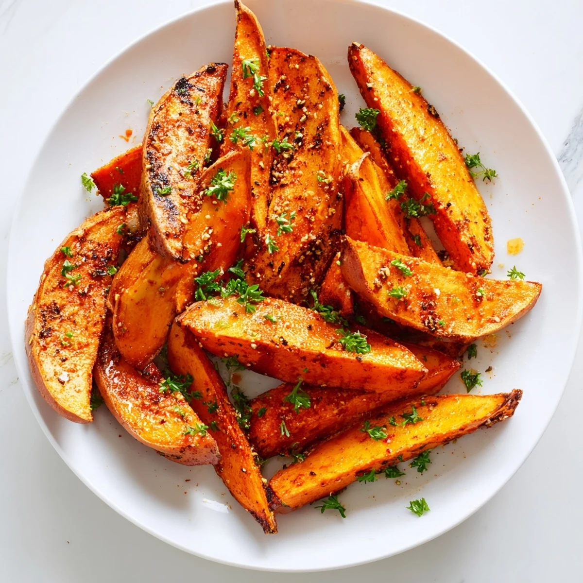Golden roasted sweet potato wedges with paprika are arranged on a serving platter, garnished with fresh parsley and ready to eat.
