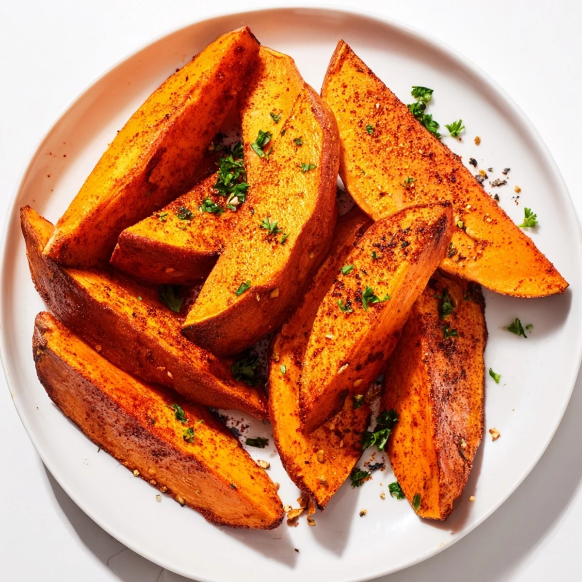 These roasted sweet potato wedges with paprika are a vibrant vegan side dish, served hot from the oven on a rustic plate.