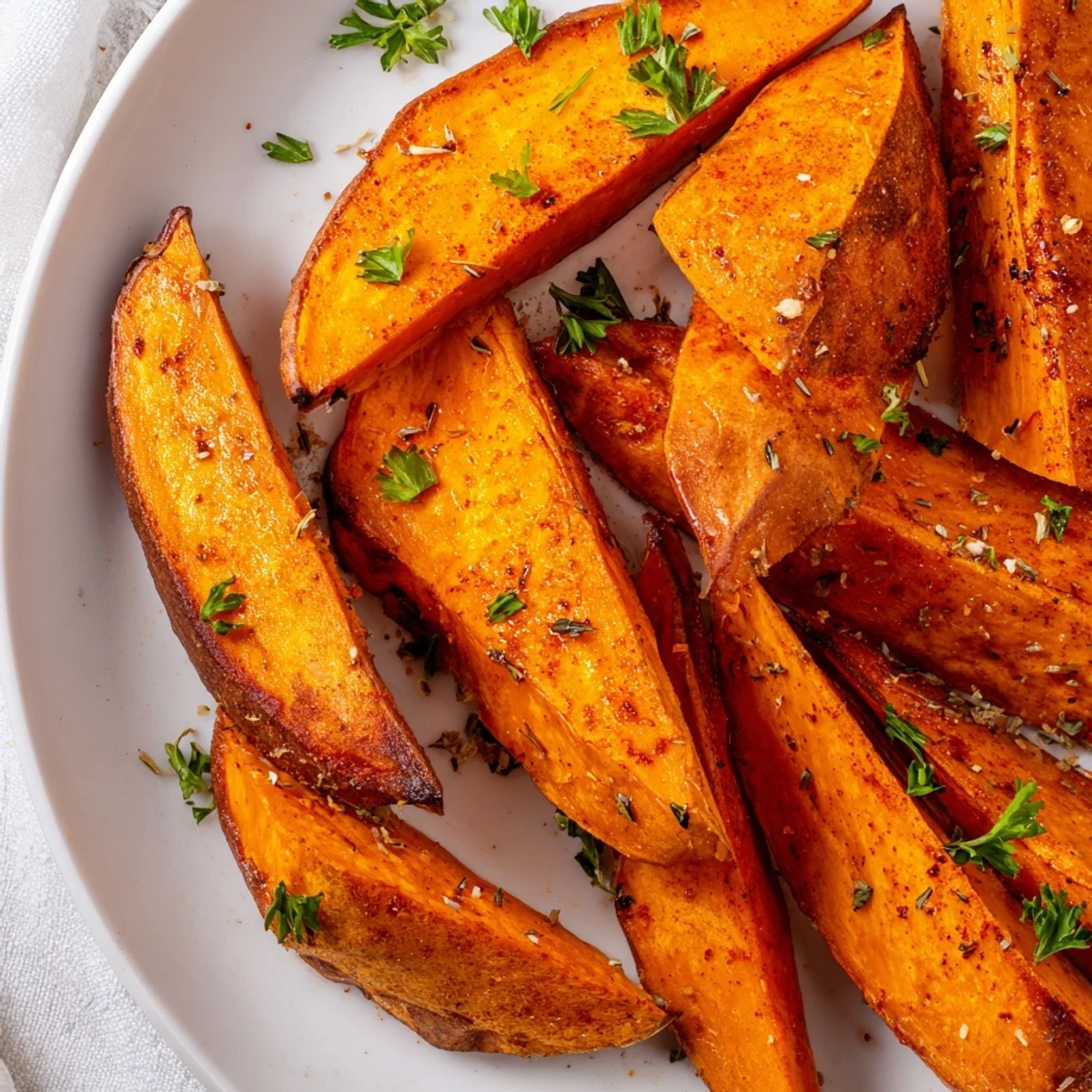 A close-up view shows crispy roasted sweet potato wedges with paprika, seasoned and paired with a creamy dipping sauce.