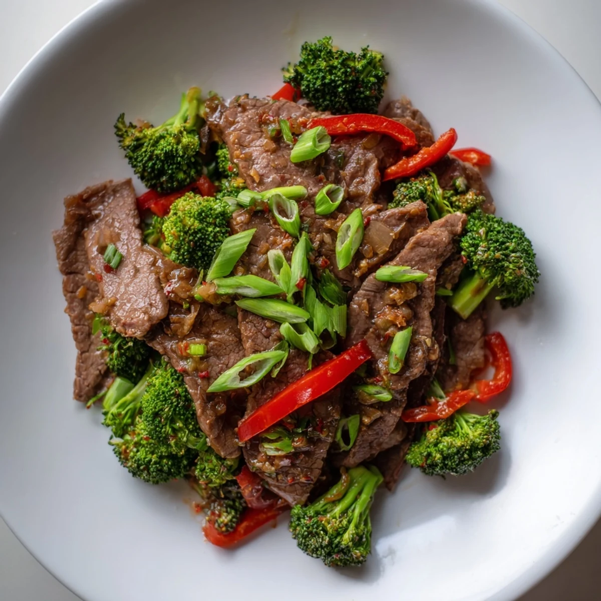 A vibrant platter of Spicy Beef and Broccoli Stir Fry garnished with green onions, served over white rice.