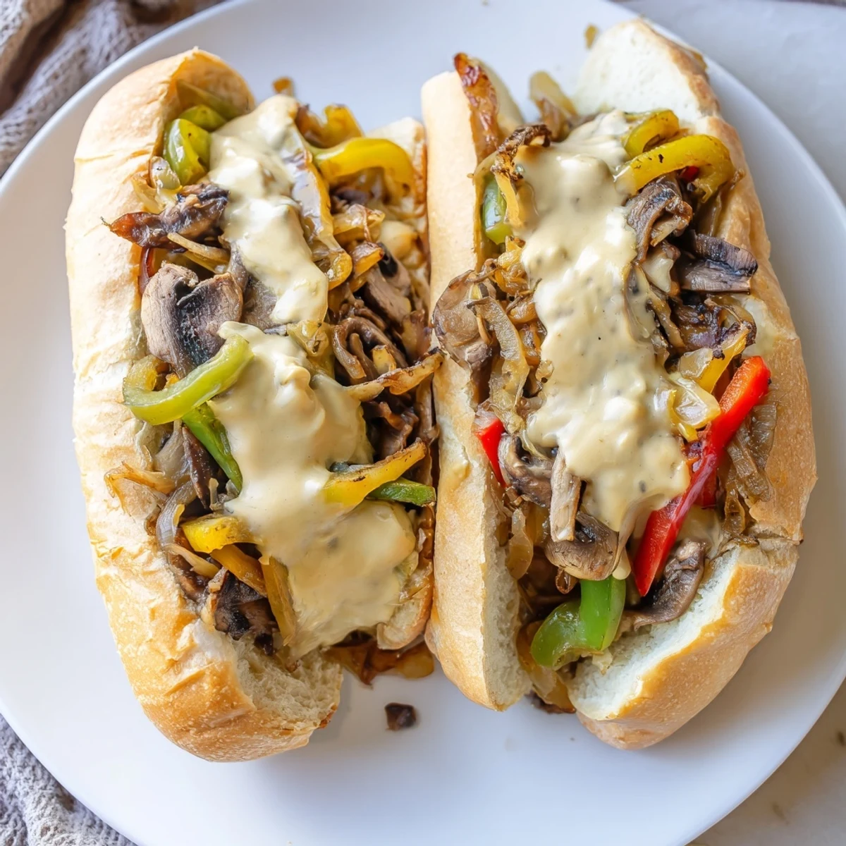 Golden-brown sautéed mushrooms and peppers fill a toasted hoagie roll for the Vegan Philly Cheesesteaks, drizzled with creamy vegan cheese sauce.