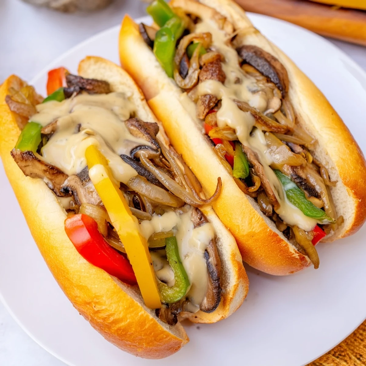 The Vegan Philly Cheesesteaks rests on a white plate next to a crisp green salad, showing the melted cheese sauce over the filling.