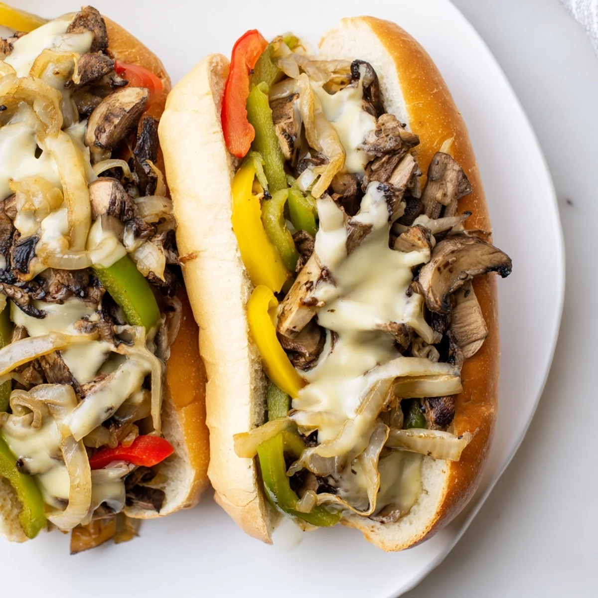 A close-up of the Vegan Philly Cheesesteaks reveals tender veggies and a generous pour of golden vegan cheese sauce inside the bun.