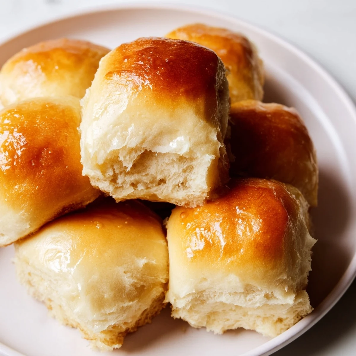 Close-up view of soft, fluffy Best Vegan Dinner Rolls with a tender crumb and slightly crisp golden edges.