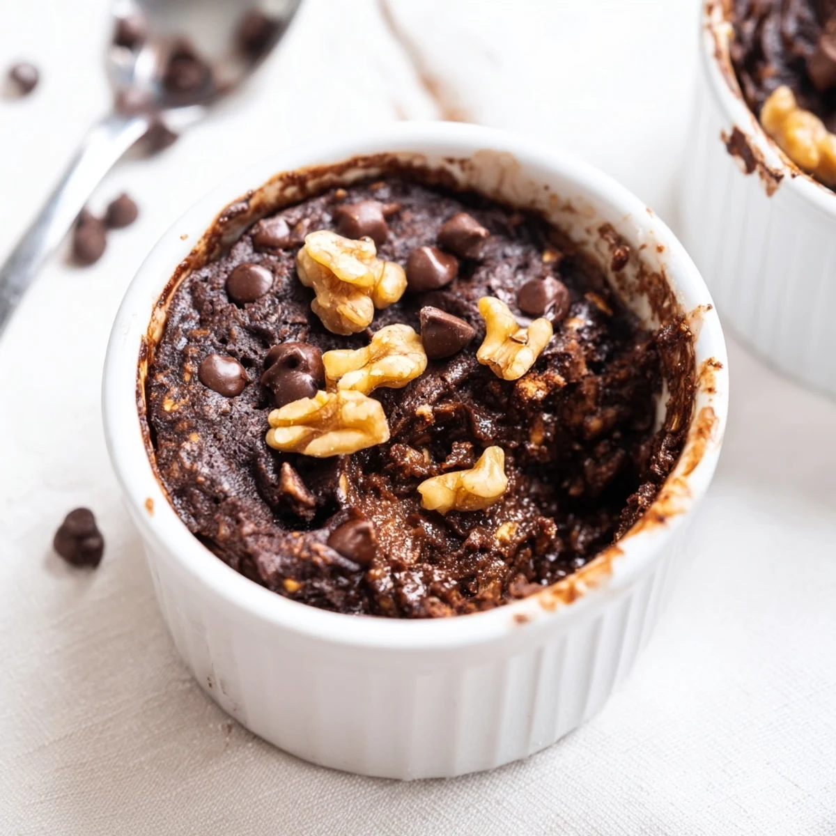 Freshly baked Easy Chocolate Baked Oats in a ramekin, with melty chocolate chips on top, ready to serve warm.