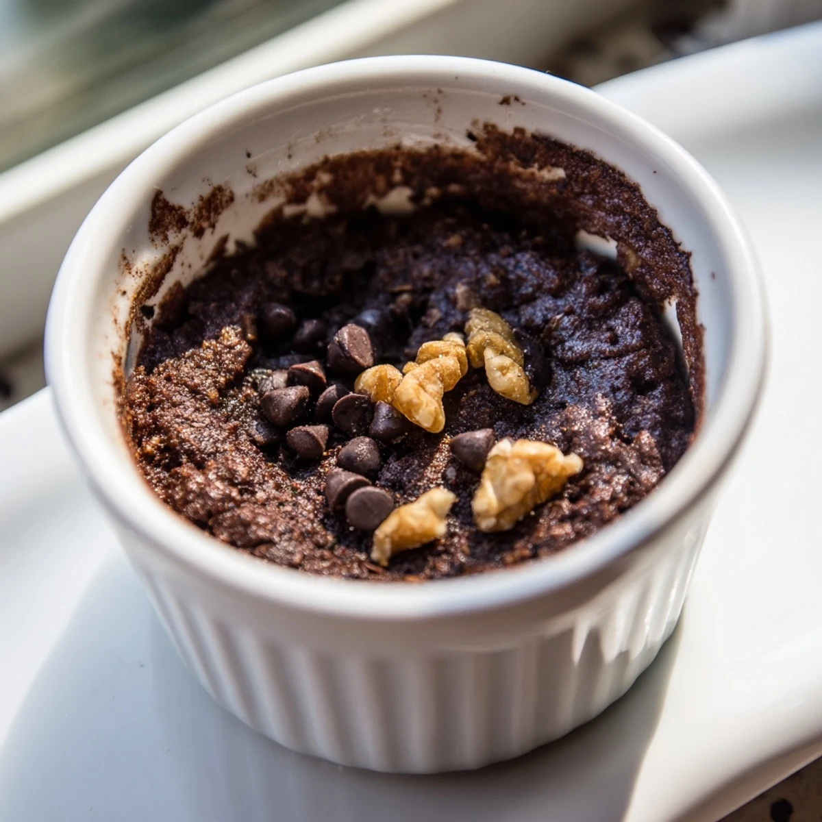 A close-up of warm Easy Chocolate Baked Oats, fudgy texture and slightly cracked top, plated on a rustic table.