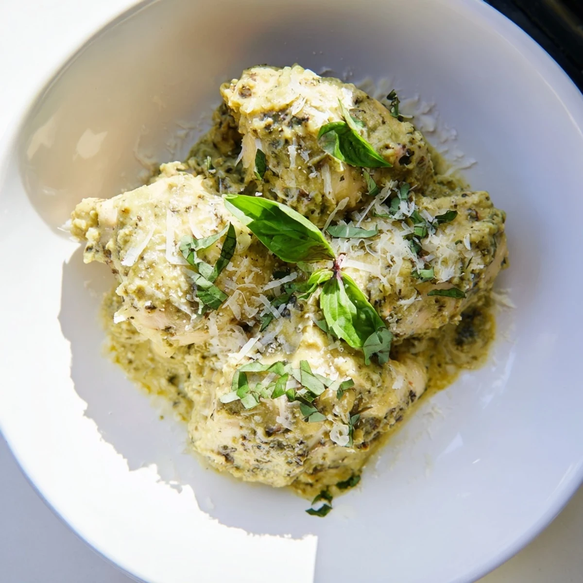 Tender Pesto Ranch Crock Pot Chicken Thighs served over fluffy mashed potatoes with a creamy green sauce.