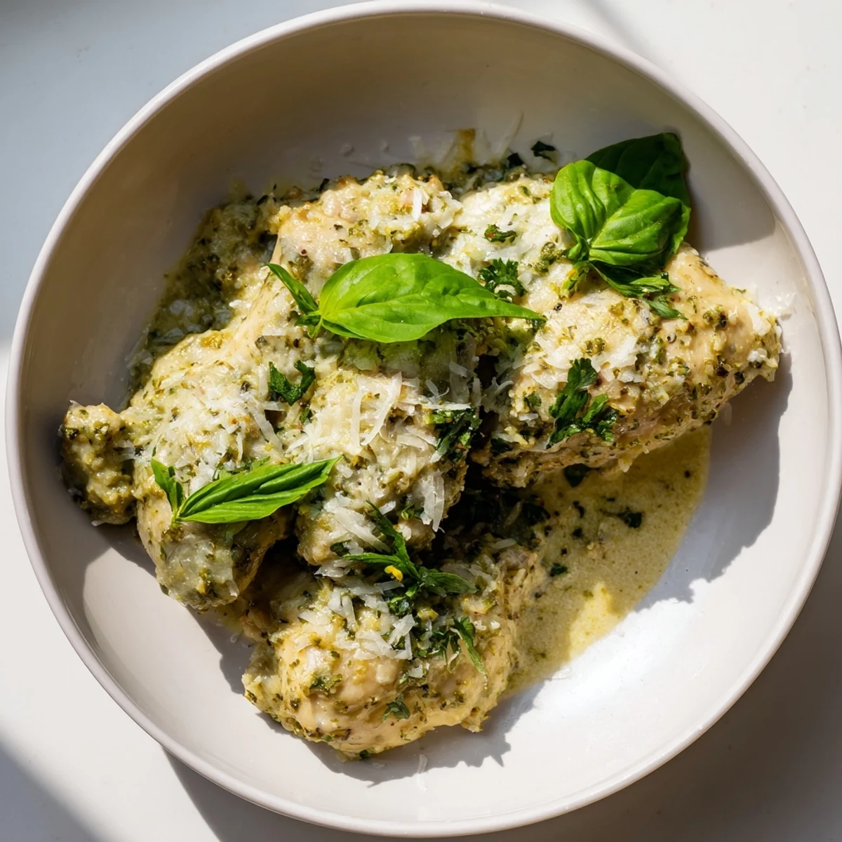 Juicy Pesto Ranch Crock Pot Chicken Thighs plated beside roasted broccoli, steam rising from the rich sauce.