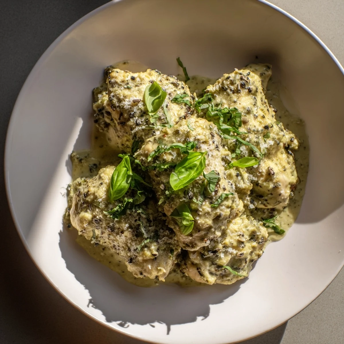 A slow cooker shows Pesto Ranch Crock Pot Chicken Thighs being garnished with fresh basil and Parmesan.