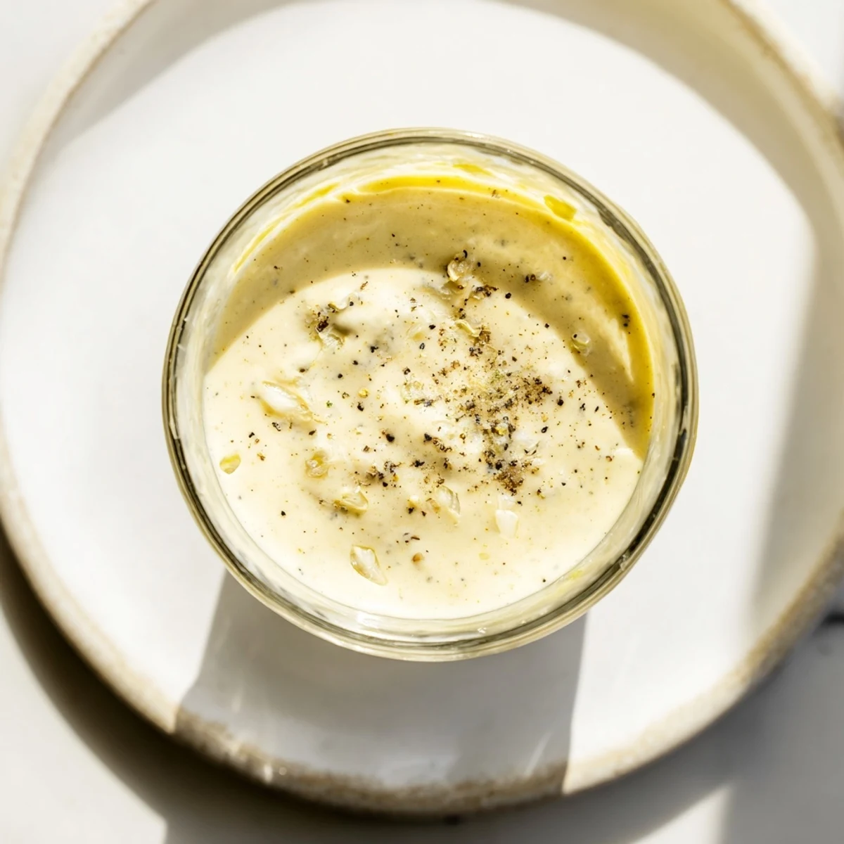 Bright lemon Dijon dressing drizzled over a crisp green salad with cherry tomatoes, ready to serve.