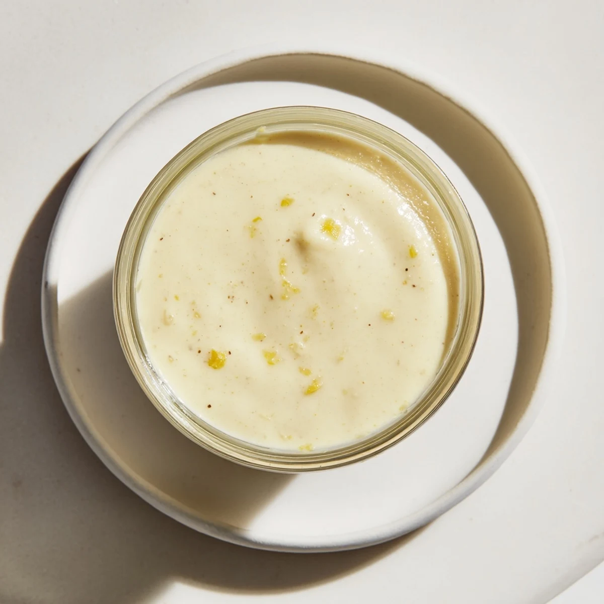 Creamy homemade lemon Dijon dressing in a small bowl with a whisk, garnished with fresh garlic.
