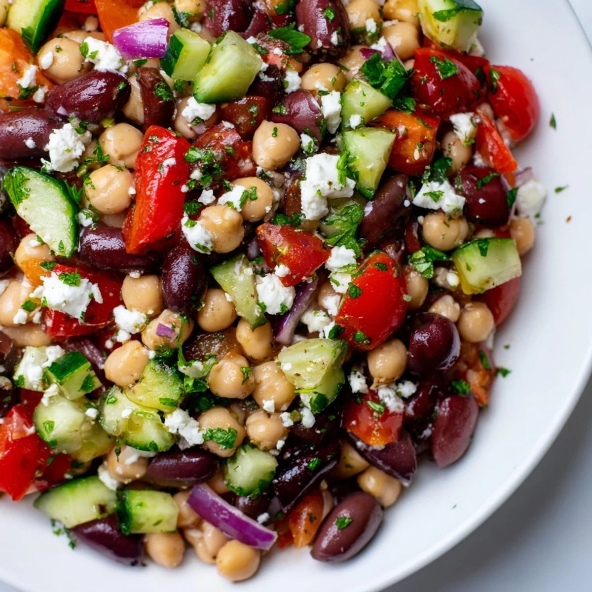 A close-up of Mediterranean Dense Bean Salad, vibrant with red bell pepper and parsley, drizzled with lemony dressing.