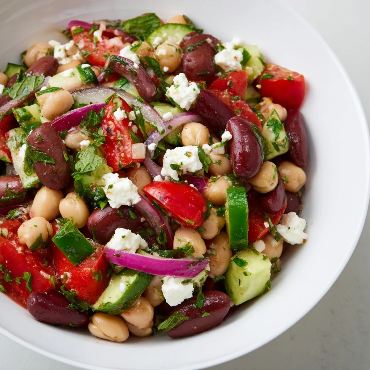 Mediterranean Dense Bean Salad with olives and herbs, served as a refreshing side dish at a sunny backyard lunch.