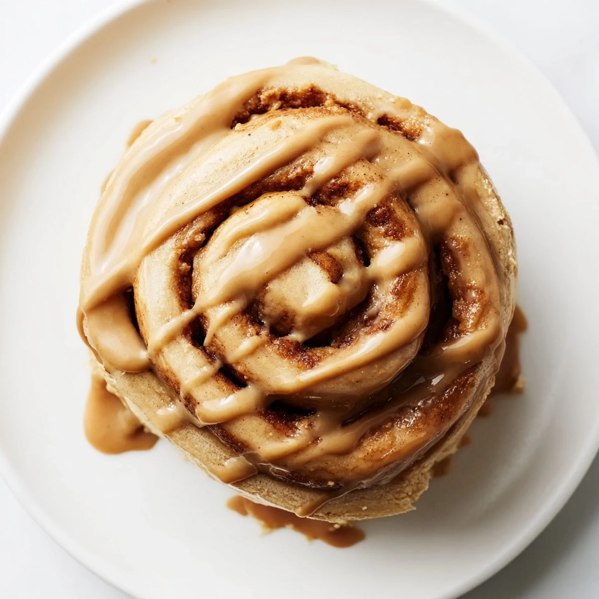 Freshly baked Soft and Gooey Biscoff Cinnamon Rolls drizzled with creamy glaze on a rustic wooden board.