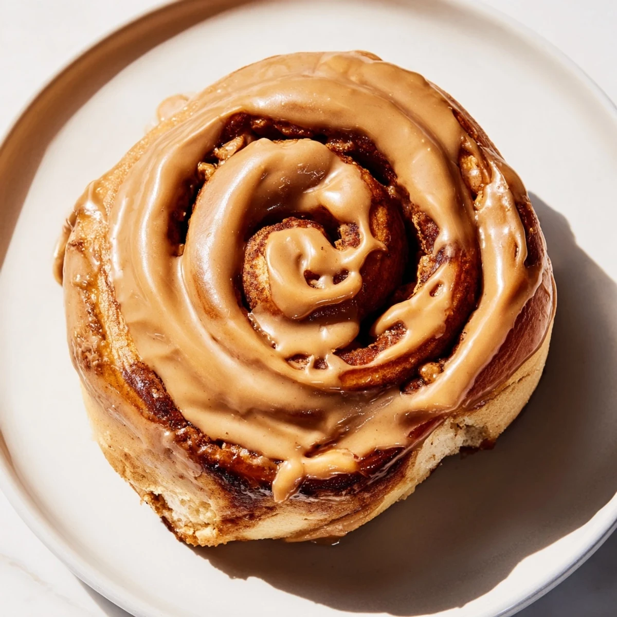 Golden Soft and Gooey Biscoff Cinnamon Rolls topped with rich glaze and a cup of coffee nearby.