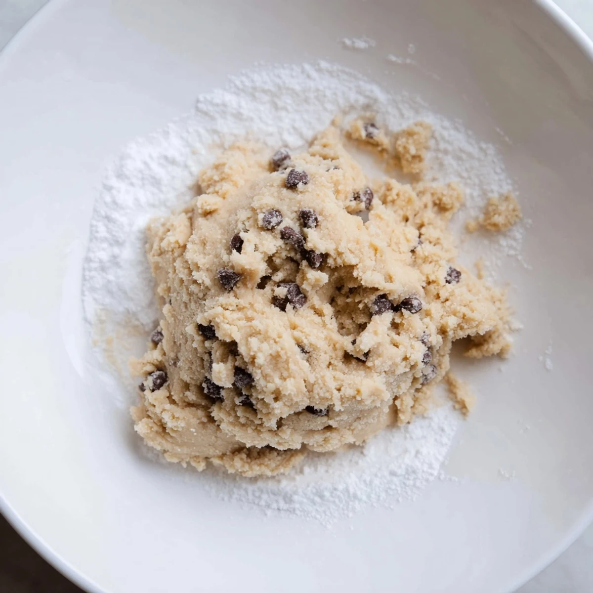 A scoop of Edible Keto Cookie Dough with almond flour base, topped with dark chocolate chips for a guilt-free treat.