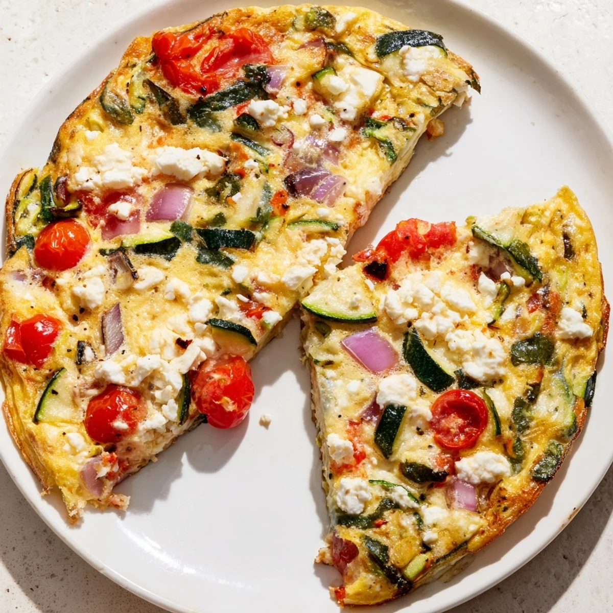 Golden slices of Veggie Air Fryer Frittata show fluffy eggs, red peppers, spinach, and tomatoes with melted feta on top.