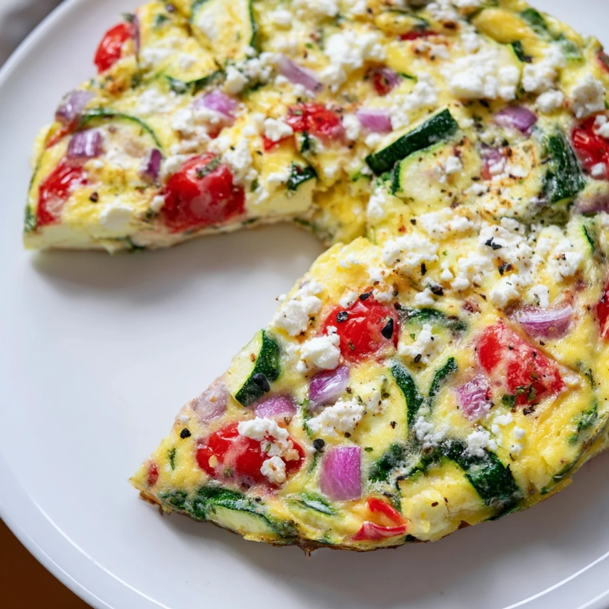 Close-up of Veggie Air Fryer Frittata highlighting diced zucchini, onions, and a fluffy egg base from the air fryer.