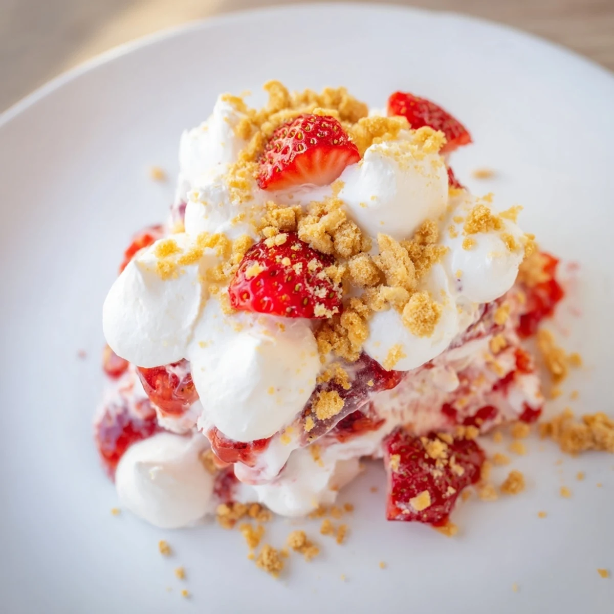 A slice of Easy Strawberry Shortcake Ice Cream Cake reveals layers of vanilla ice cream and fresh strawberries on a crunchy cookie crumble base.