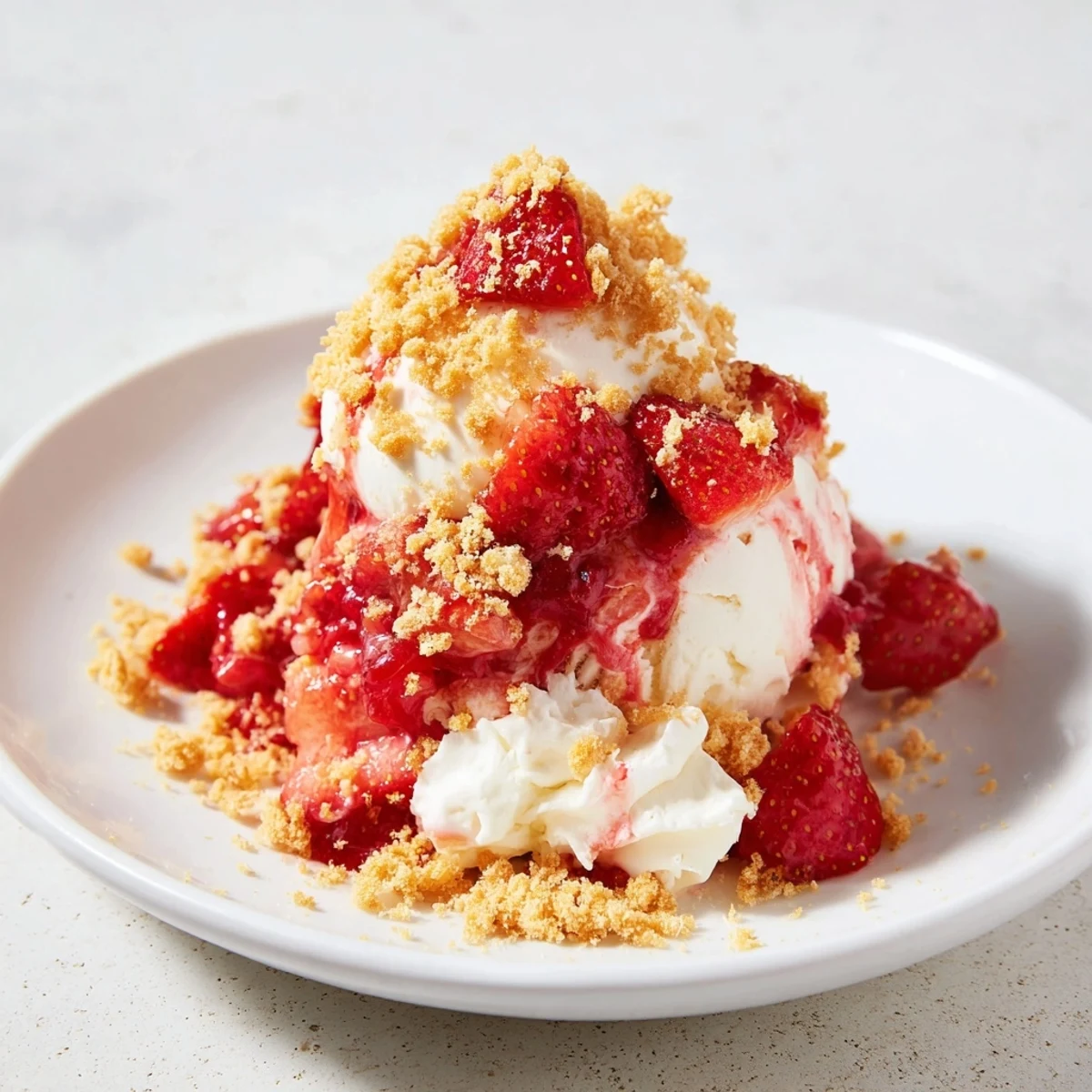 Easy Strawberry Shortcake Ice Cream Cake topped with fluffy whipped cream and extra strawberry slices, perfect for a summer dessert platter.