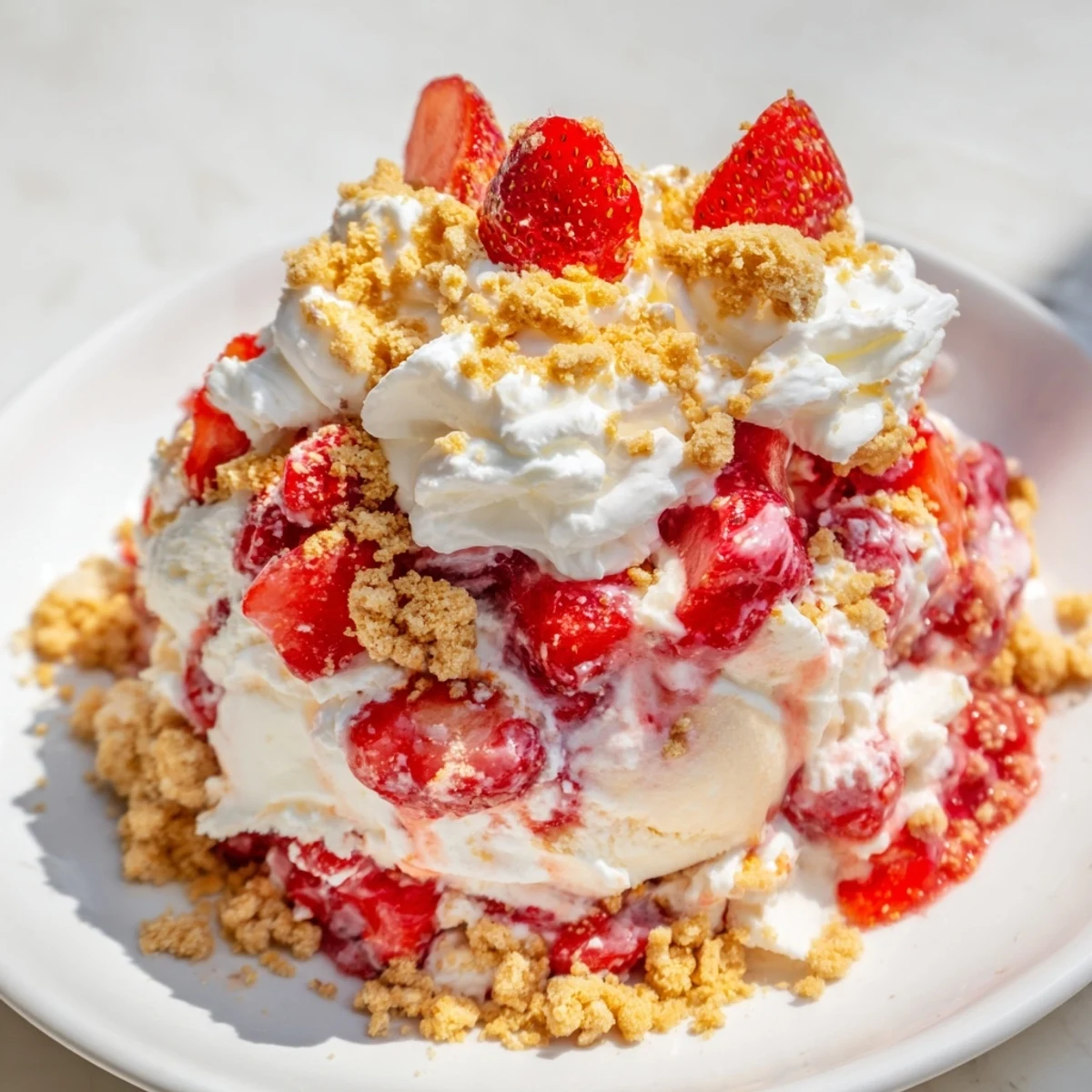 No-bake Easy Strawberry Shortcake Ice Cream Cake displayed in a springform pan, featuring a smooth ice cream texture and vibrant red berry layers.